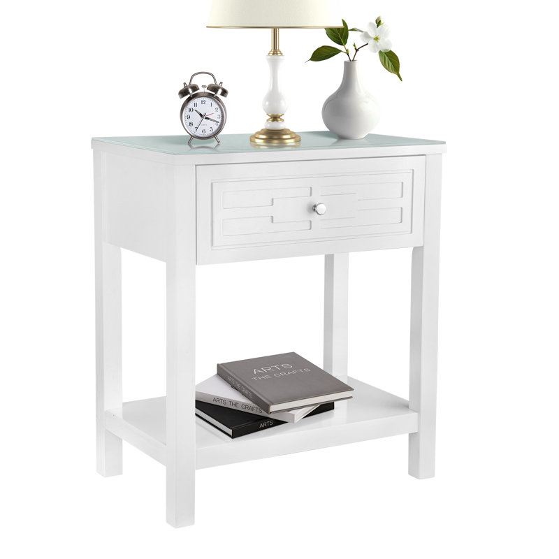23 Inch Nightstand With 1 Drawer, Wood End Table Bedside Table With Smooth Glass Surface For Bedroom, Living Room, White