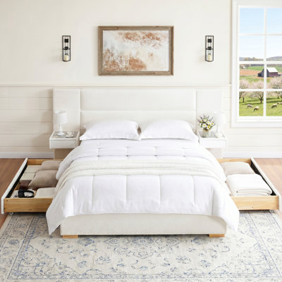 Modern Wide-Panel Upholstered Bed with Nightstands and 2 Drawers, Queen, White Linen