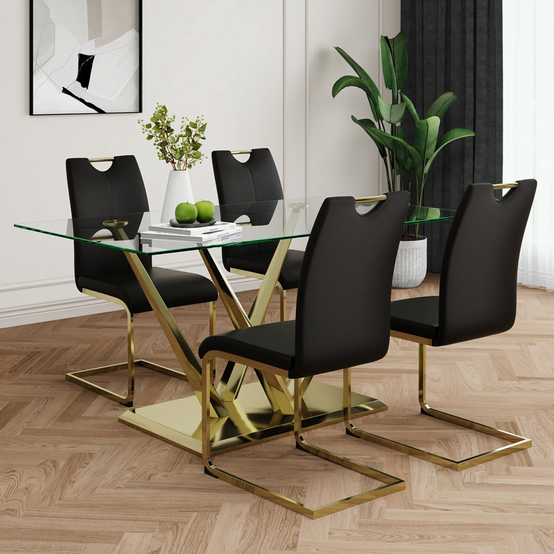 Ensemble de table de salle à manger 5 pièces avec plateau en verre et base en acier inoxydable, Noir