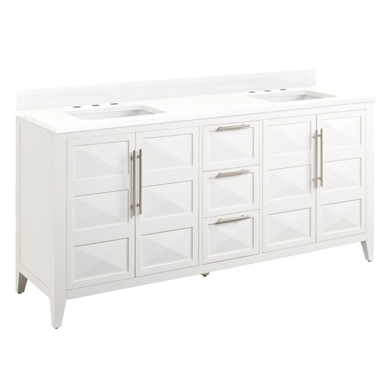 72" Holmesdale Vanity with Rectangular Undermount Sinks, Feathered White Quartz, 8" Widespread, Bright White