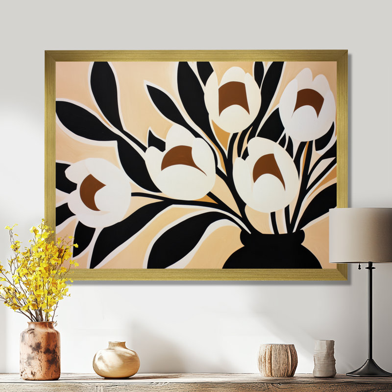 Ivoire tulipe Reverie I - tulipes abstraites noires et blanches, H 24 po x l 32 po, Encadrement doré