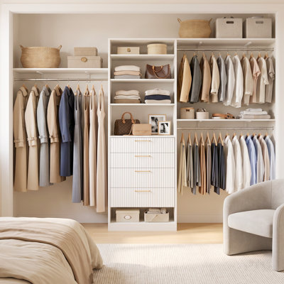 23.6"-115" W Closet System with Rods and Drawers, 2-9.6 ft Ajustable Reach-in Closet System