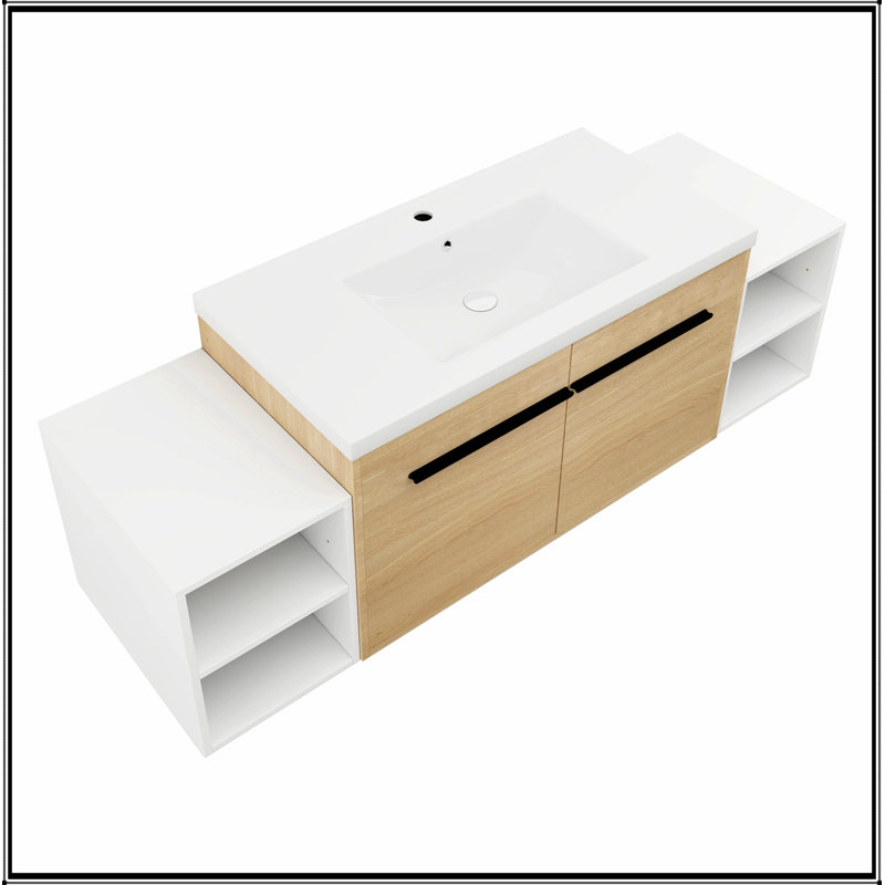 Meuble-lavabo mural avec 2 portes et tablettes de rangement latérales, Natural