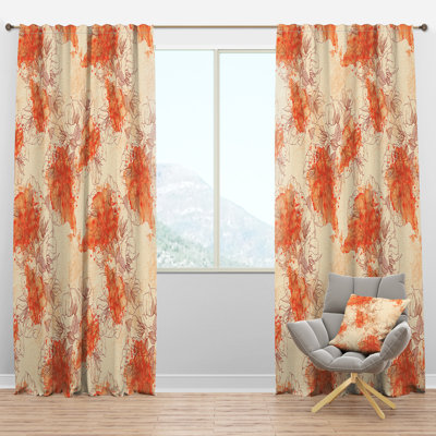 Handdrawn Asian Flowers with Orange Watercolor - Traditional Velvet Curtain - 1 panel