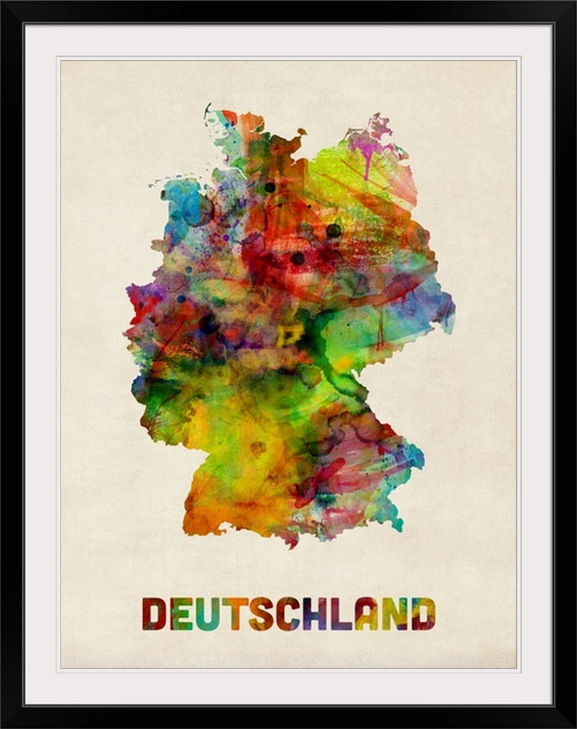 Francy " Germany Watercolor Map " by Michael Tompsett, Black Frame, 44" H x 35" W x 1" D
