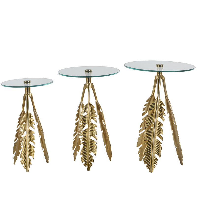 Onesimos Aluminum Metal Leaf Side End Accent Table with Tripod Legs and Tempered Glass Top Set, Gold