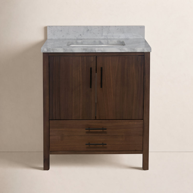 Kiara 30'' Single Bathroom Vanity with Top, Carrara Marble, Walnut Veneer