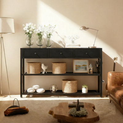 Black Multi-Functional Console Table, Narrow And Long Sofa Table With Sockets, USB 3, Drawer Storage Rack, Suitable For Entryway, Hallway, Foyer, And Kitchen Countertops.