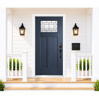 36 In. x 80 In. Blue Fiberglass Front Entry Door, Left-Hand Inswing,Tempered Privacy Glass with Decorative Caming Knock-Down Design, 4-9/16 In. Vinyl Frame & Brickmould