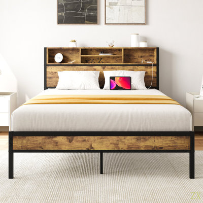 Full Size Bed Frame With Storage Headboard, Metal Platform Bed With Charging Station,  Bookcase Storage, No Box Spring Needed, Easy Assembly, Noise-Free