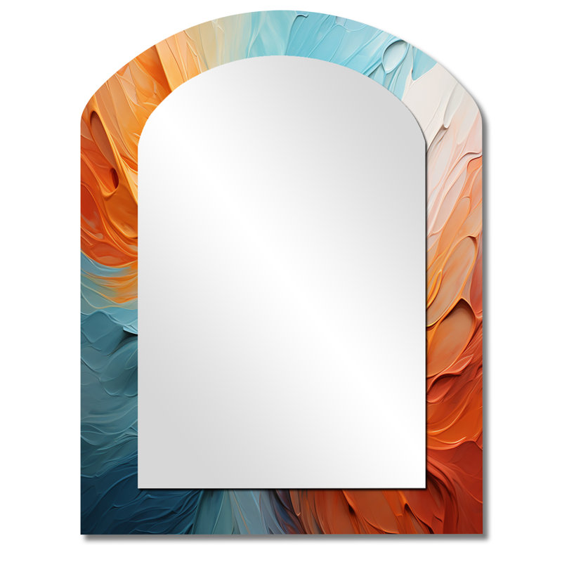 Teal Orange Bold Abstract Flow Collage I - Dams Asymmetrical Decorative Wall Mirror, Teal Arch Large Mirror, Printed Metal Art