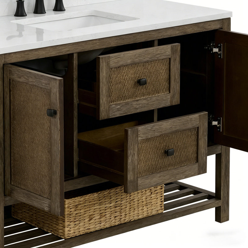 Meuble-lavabo autoportant 48 po en sapin naturel avec comptoir blanc 1 po 48 po