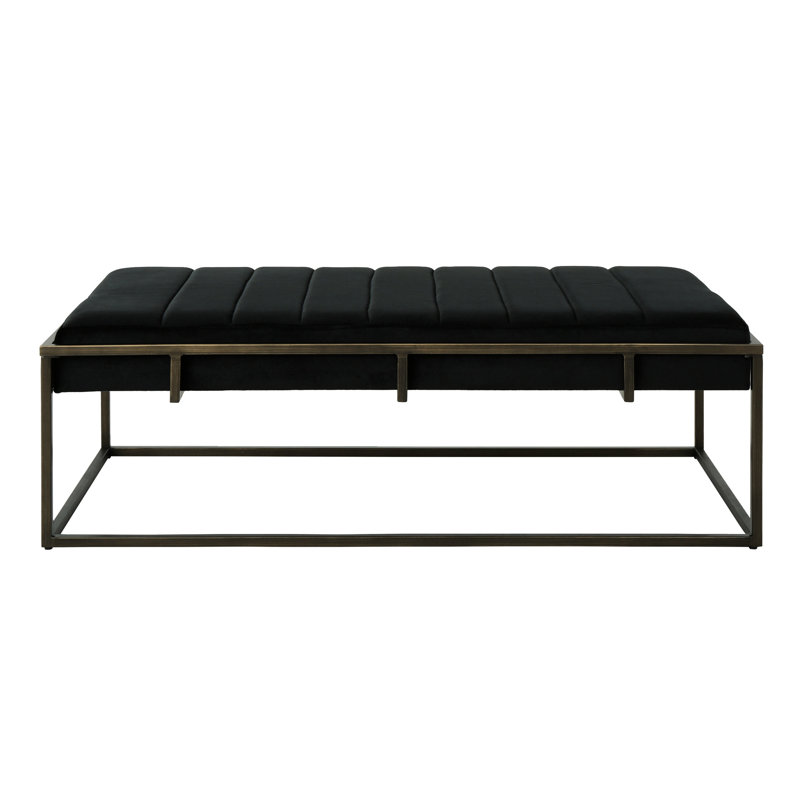 Upholstered Bench In Black Velvet - Modern Design, Channel , Comfortable Seating, 49 Depth With And Brass Finish Minimalist, 25 Width, 16 Height