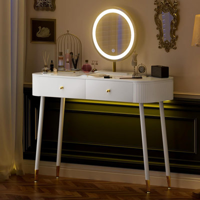  Meuble-lavabo de 40 po avec miroir et lumières, petite coiffeuse avec 2 tiroirs de rangement et station de charge, coiffeuse à écran tactile 3 couleurs pour petits espaces et chambre à coucher, blanc
