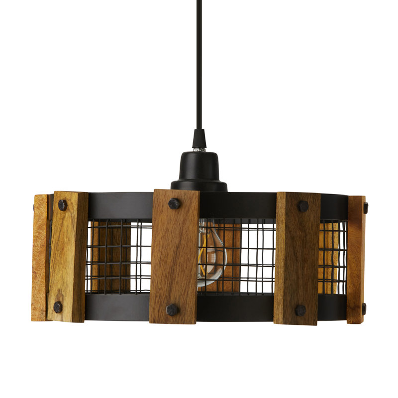 Luminaire suspendu en métal noir 12 po avec cage en bois Dumah