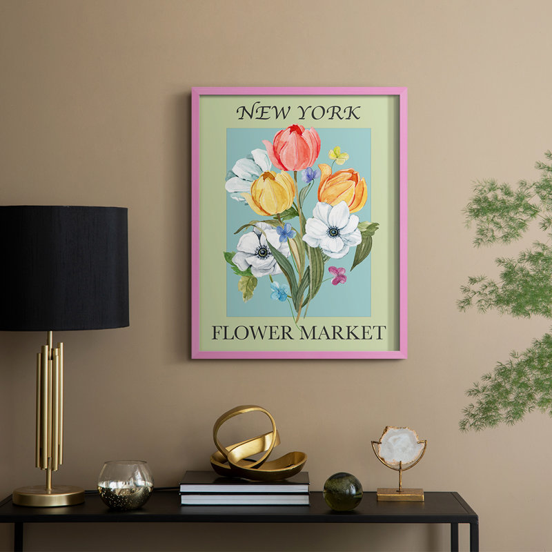 New York Flower Market, reproduction encadrée - bois massif, H 15 po x l 12 po, Rose