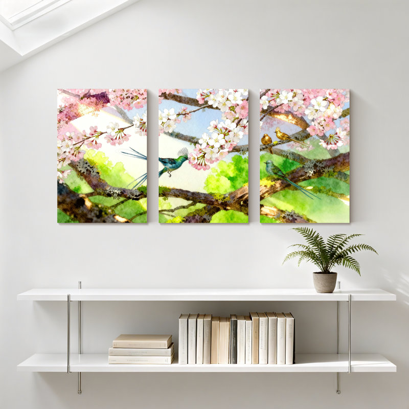 «Birds Cherry Blossom Birds Spring Nature», ensemble de 3 reproductions d'art sur toile, H 30 po x l 60 po