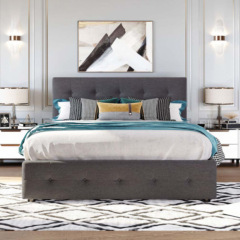 Linen Upholstered Storage Bed with 2 Drawers and 1 Twin XL Trundle, Dark Gray