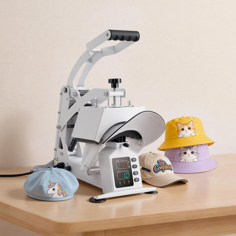 Machine à presser la chaleur Hat, grande plaque chauffante de 8,5 x 4 po, avec entretoise de bonnets, contrôle précis de la température et du temps, presse à chaleur pour chapeaux et bonnets, pour projets de repassage et de sublimation, blanc