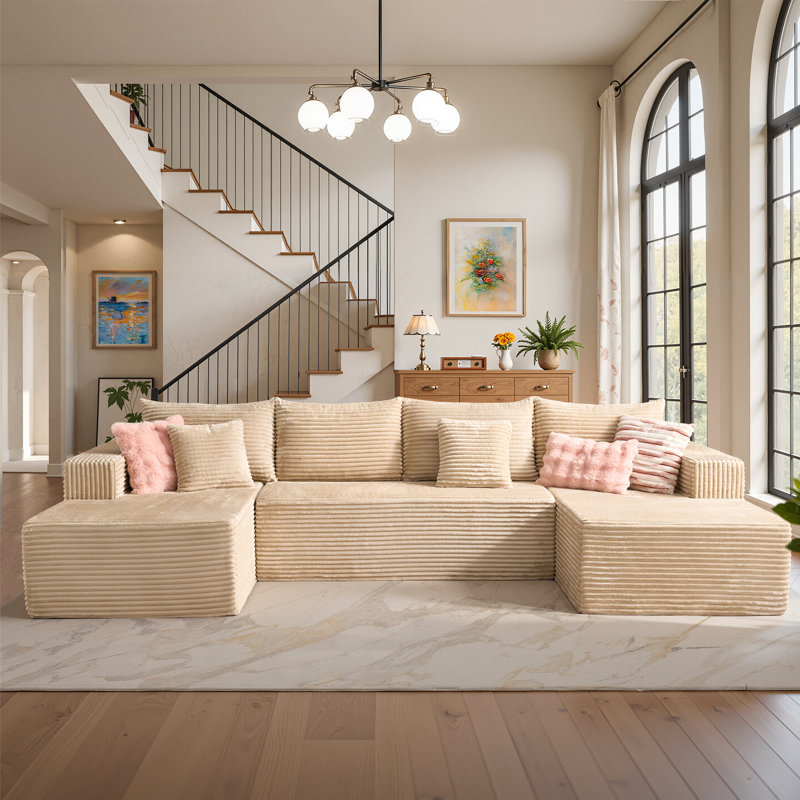 Navarrie Boneless 134" U-Shaped Sectional, No Assembly Required Compression Sofa with Dual Chaises, Beige