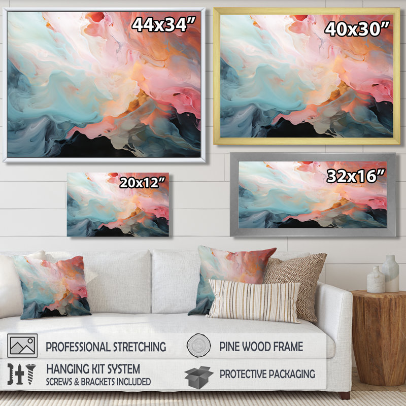 «Playful Deep Pink Sky Dance II», art mural abstrait à encre liquide, H 24 po x l 32 po, Toile tendue