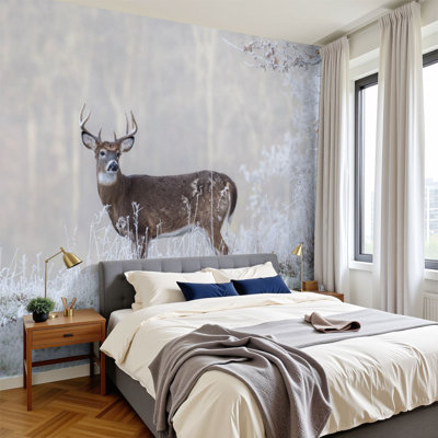 Peel and Stick Wallpaper Whitetail buck deer frost fog Wall Murals 100"H x 144"W Removable PVC Wall Paper Self-Adhesive Wall Paintings Art Decor for Bedroom Living Room