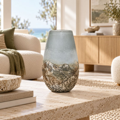 Vase décoratif en verre côtier blanc et gris avec finition artistique texturée