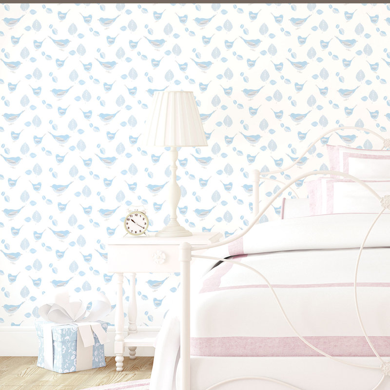 Rouleau de papier peint L 33 pi x l 21 po Just 4 Kids 2 Birds and Leaves, Bleu/Blanc
