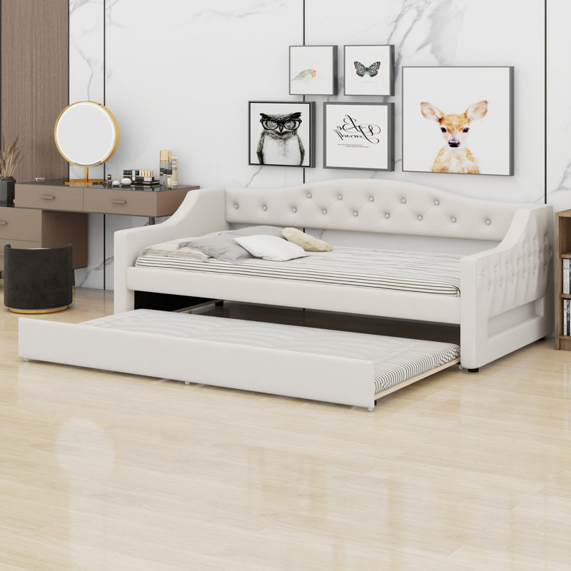 Upholstered Daybed With LED Belt And Trundle, Beige
