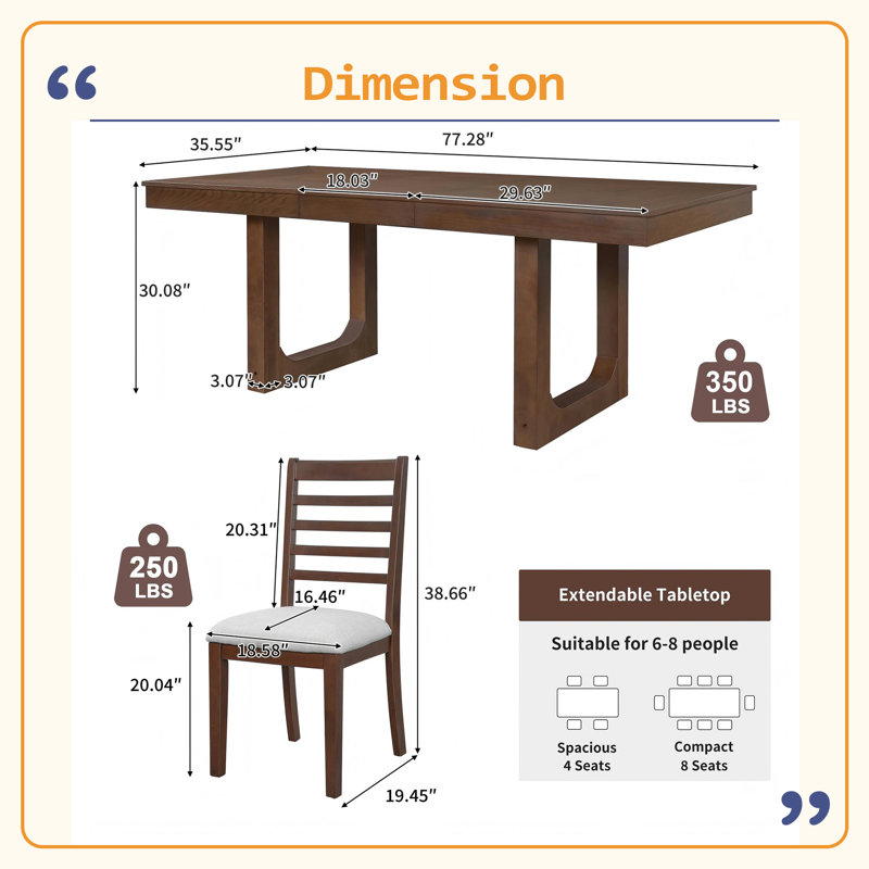 Ensemble de table de salle à manger extensible 5 pièces Sturdy Structure, Walnut, 5 Pieces: Table, 4 Chairs