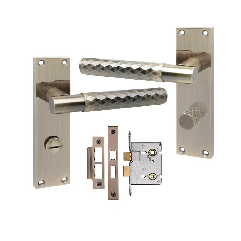 Golden Grace Victorian Design Knurled Diamond Cut Bathroom Handle on Backplate Antique Brass Finish with Bathroom Mortise Lock - 150mm x 40mm