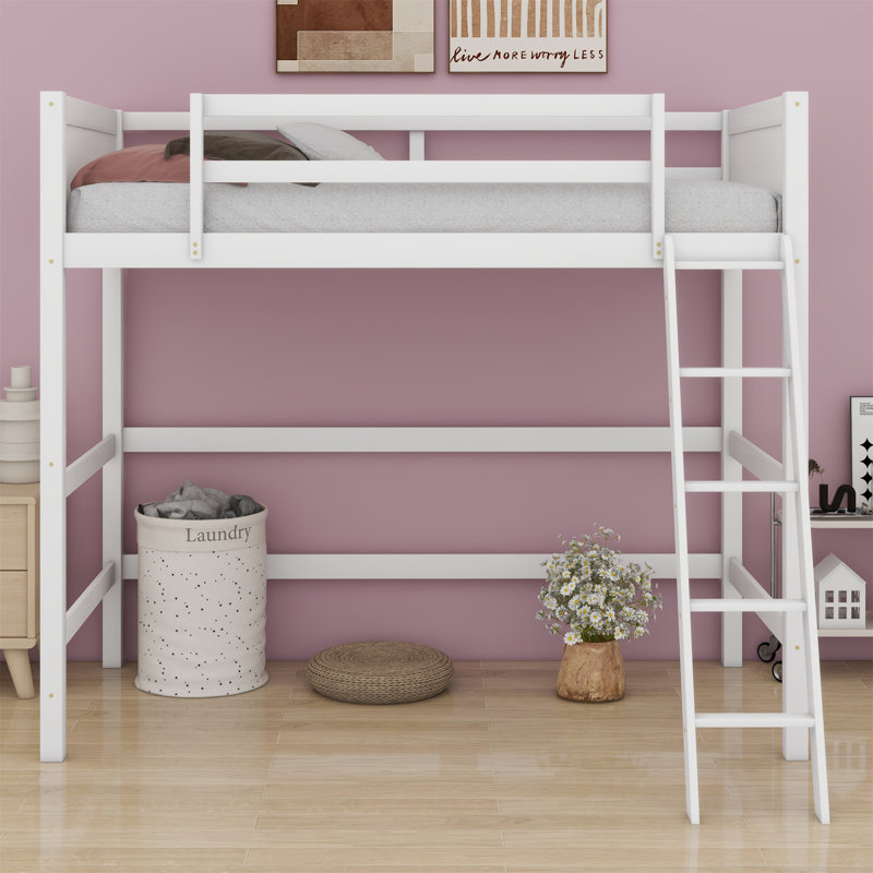 Lit mezzanine en bois massif avec échelle, Blanc