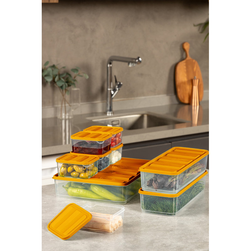 Ensemble de boîtes de rangement en plastique durable (7 pièces), orange, 4,3 x 11,8 x 2,8 pouces (2 pièces) et 9,1 x 11,6 x 2,6 pouces (5 pièces) | 100% lavable au lave-vaisselle, idéal pour organiser les fournitures de cuisine et de maison, conception peu encombrante