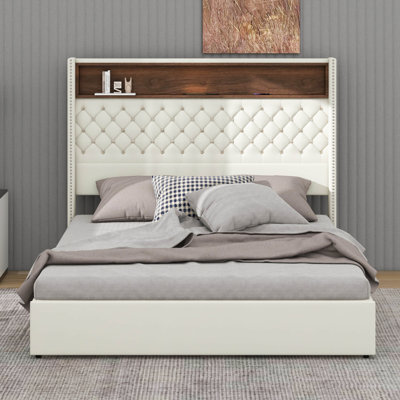 Cadre de lit en velours doux avec veilleuse, tête de lit avec décoration à rivets