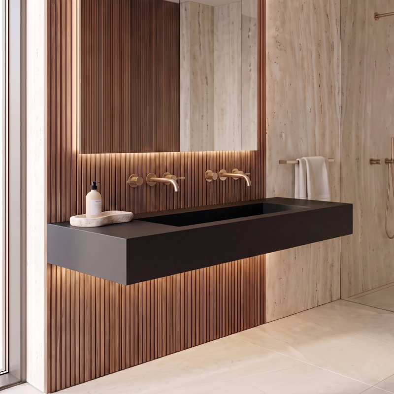Lavabo de salle de bain mural rectangulaire 60 po Pyramid à surface solide en finition matte - noir, sans trous de robinet