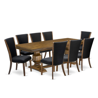 9-piece Dining Table Set includes a Kitchen Table and 8 Black Linen Fabric Dining Chairs with Button tufted Back - Antique Walnut Finish
