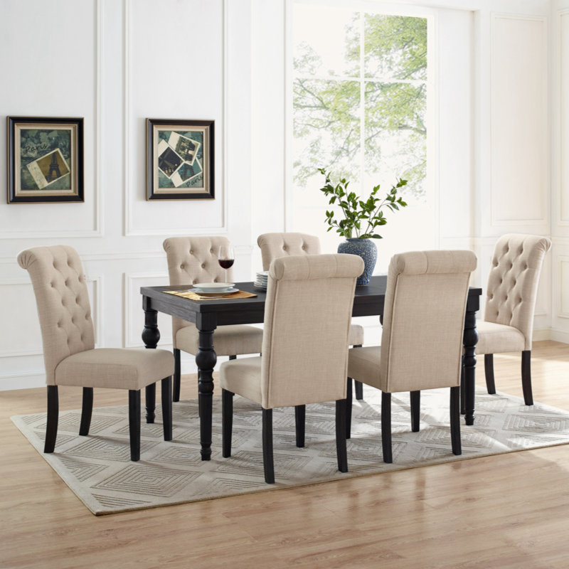 Leviton Urban Style Wood Dark Wash Turned-Leg Dining Set, Beige/Black, 7 Pieces: 1 Table, 6 Chairs