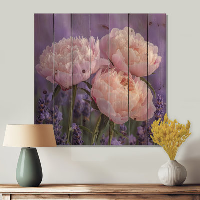 Peonies In The Lavender Garden IV - Peonies Wood Wall Decor - On Natural Pine Wood