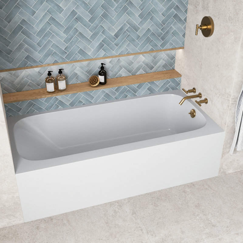 Baignoire en alcôve en acrylique blanc brillant avec drain extérieur 66 po x 32 po Streamline, Or brossé