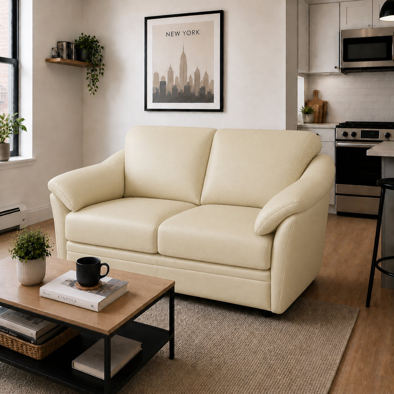 Ramdev Top Grain Leather Loveseat with Top Pillow Arm in Ivory Color, Ivory Genuine Leather, Loveseat