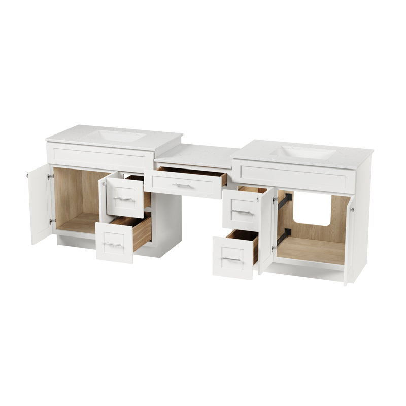  Meuble-lavabo double 96 po avec tiroir en bois massif et comptoir en quartz de Carrare, Blanc