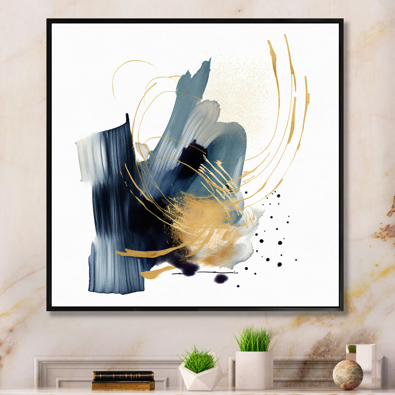 «Dark Blue and Gold Strokes XV», reproduction sur toile, Cadre flottant noir, H 36 po x l 36 po x P 1,5 po