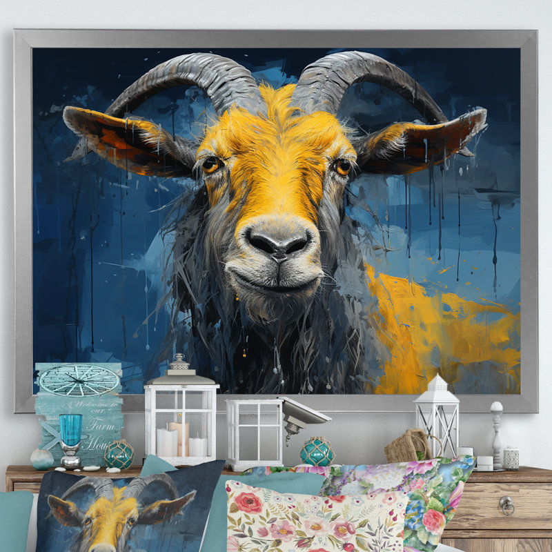 Chèvre jaune et bleu, prairie, portrait II - art mural de chèvre, Cadre de coin argenté fermé, H 34 po x l 44 po x P 1,5 po
