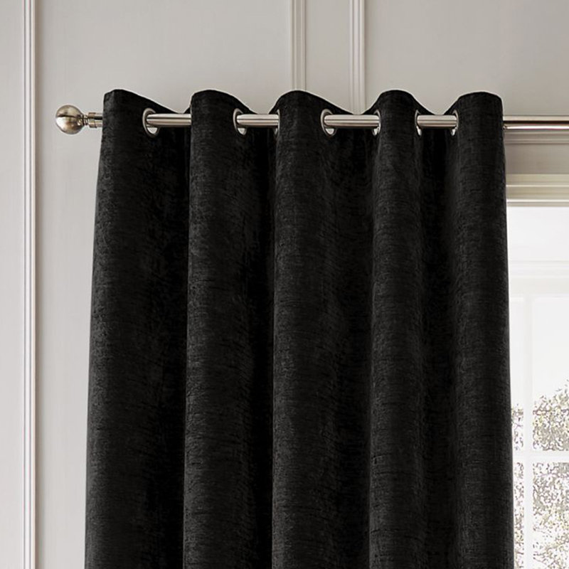 Selene Luxury Chenille Weighted Thermal Eyelet Cur Semi Sheer Curtain Pair, Black, 90.16cm Width x 183cm Drop