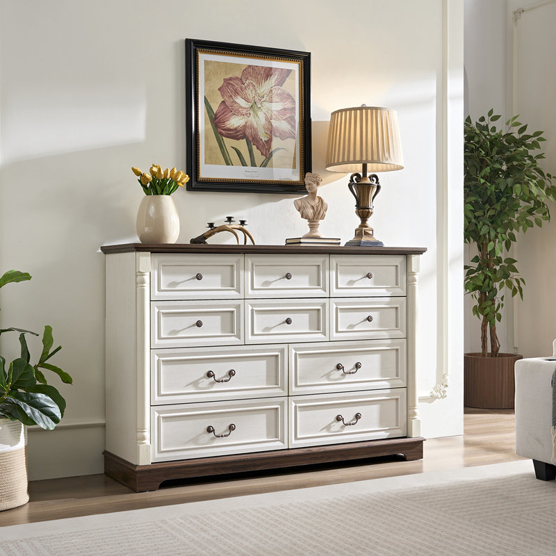 Commode 10 tiroirs pour chambre à coucher avec base en bois et bordure en bois, commode rustique en bois rustique, commode de rangement pour chambre à coucher, salon
