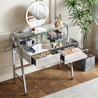 Meuble-lavabo à miroir 33,9 po avec miroir et lumières, coiffeuse à miroir avec 2 grands tiroirs et tablette ouverte, coiffeuse avec station de charge