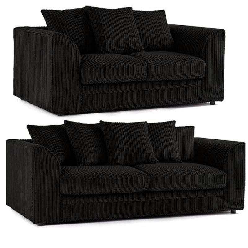 Duvert Two Piece Chenille Sofa Set – Fixed Back Cushions, Non-Slip Seating, Black