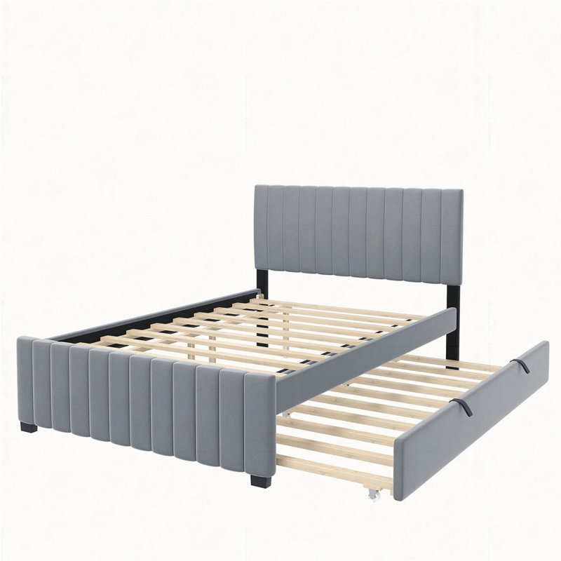 Lit plateforme double en velours avec lit gigogne, gris