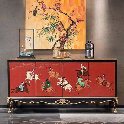 Buffet décoratif vintage rouge peint à la main