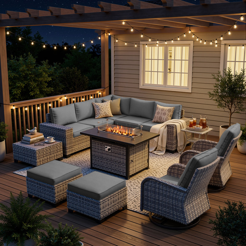 12-Piece Outdoor Modular Sectional Patio Conversation Set With Fire Pit Table, Swivel Rocker Chairs & Ottomans, Gray